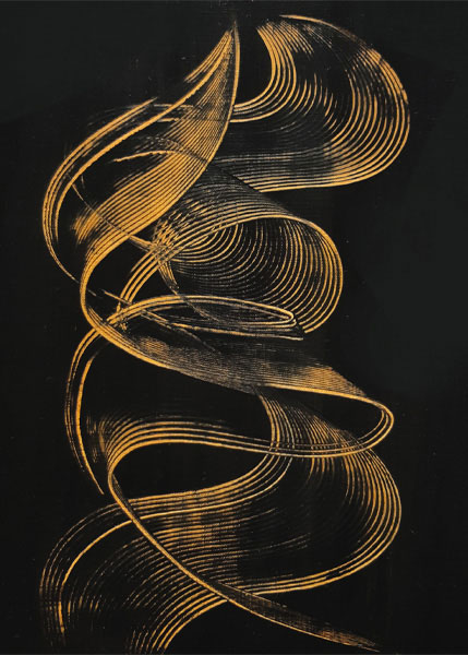 Das Bild der Künstlerin artmates Nummer 1 aus der Serie "deep sea dancers" zeigt eine geschlängelte Linie in gelber Acrylfarbe auf schwarzblauem Hintergrund.