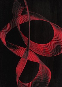 Das farbenfrohe Bild der Künstlerin artmates mit dem Titel "Molinete con Lapiz " aus der Serie "invitación a bailar" zeigt eine geschwungene Linie in roter Acrylfarbe auf tiefschwarzem Hintergrund.
