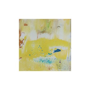 Auf dem farbenfrohen miniature abstract Bild der Künstlerin artmates sind leuchtenden Farben in weiß und blau, gelb zu sehen.