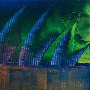 Auf dem farbenfrohen miniature abstract Bild "threefold fortune" der Künstlerin artmates sind leuchtenden Ölfarben in blau, grün, goldbraun zu sehen.